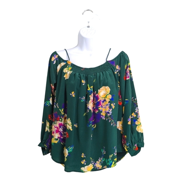 Maeve 100% Silk Green Floral Top Blouse Cold Shoulder Long Sleeve Flowy XS - Picture 1 of 10